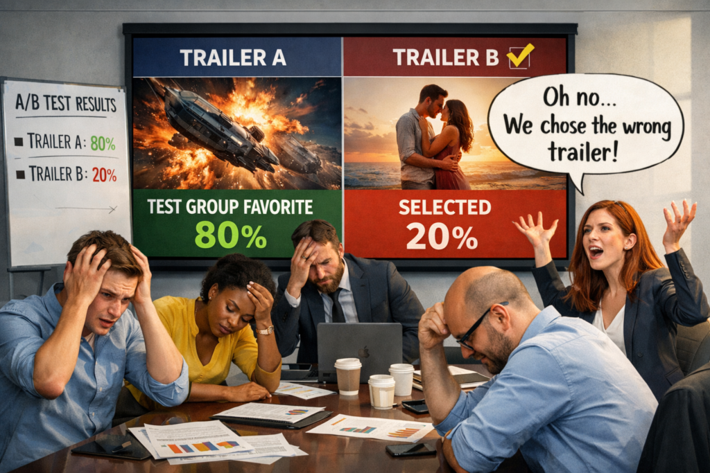 AI Generated image of marketers disagreeing over what trailer to debut.